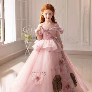 Jill Wish Luxury Pink Dubai Lace Girl Dress with Flowers Princess Wedding Birthday Pageant Party Performance Evening Gown J362