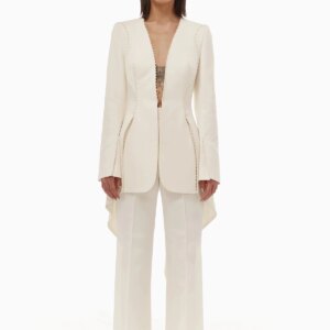 New Design Bespoke 2Pieces Women Suits Blazer Split Pants Illusion Button V-Neck Beading Fashion Modern Stylish Women Customized