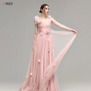ESBRIDE Luxury Pink Tulle Wedding Dress 2025 Square Neck Sleeveless Flower Embellished High Waisted Long Bridal Gown For Women
