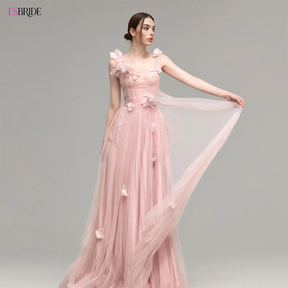 ESBRIDE Luxury Pink Tulle Wedding Dress 2025 Square Neck Sleeveless Flower Embellished High Waisted Long Bridal Gown For Women