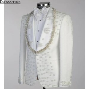 White Jacquard Men’s Suits Fashion 2 Pieces Sets Groom Prom Blazers Pearls Beaded Decoration Tuxedos Men