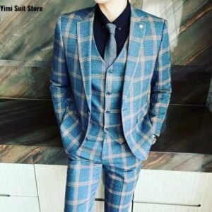Classic Plaid Men’s Wedding Suit Host Performance Male Suits 3pcs Single Breasted Peaked Lapel Fashion Party Groom Tuxedo