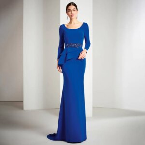 Elegant Mother of the Bride Dress Long Sleeves Scoop Royal Blue Wedding Guest Gown Mermaid/Trumpet Applique Women’s Evening Gown
