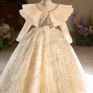 Girls Pearl Embroidered Long Sleeve Princess Dress Fashion Luxury Flower Long Dress Carnival Birthday Party Catwalk Evening Dres