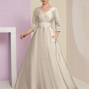 A-Line Mother of the Bride Dress Formal Wedding Guest Elegant V Neck Satin 3/4 Length Sleeve with Pleats Ruched 2024