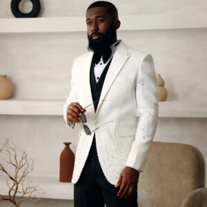 Luxury Men Suit Pearl Beading Jacquard Satin Shawl Lapel Single Breasted Formal Groom Wear 3 Pieces Blazer Vest pant Custom Made