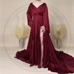 Don&Judy Maternity Photoshoot Dresses Prop V-Neck Long Sleeve Silk-like Dress for Women Boho Christmas Party Maix Robe Gown