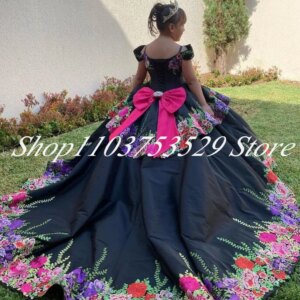 Black Little Princess Mini Quinceanera Dresses 3D Floral Applique Mexican Charro Bow Infant Flower Girls Dress for Customised