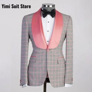 Plaid Men Suit 2 Pieces Shawl Lapel Single Breasted For Wedding Groom Business Birthday Banquet Suit Blazer Sets Jacket+Vest