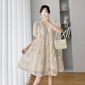 Maternity Summer Dress New Fashion Embroidered Lace Short Sleeve Dress Loose Casual Sweet Elegant Maternity Clothing Dress