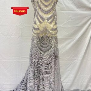 Elegant Chiffon Lace Fabric with Lots Stones – Latest Best Quality Delicate Soft Mesh Hemline for Party Evening Dresses NN5978_R