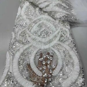 Luxury African Lace Fabric White 3D Beaded French Mesh New African Fabrics 2025 Sequins Tulle Lace Fabric Party For Sewing Dress