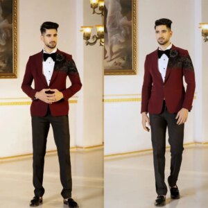 Unique Wedding Men Suits Tuxedos Designer Applique Peaked Lapel One Button Pockets Groom 2 Pieces Party Coat Pants  Customized