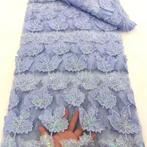 Blue 5 Yards Luxury African Heavy Beaded Lace Tulle Fabric 2024 French 3D Flower Embroidered Applique Fabric For Sewing Material
