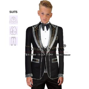 Exquisite Boy Suits For Wedding Jewelry Diamond Jacket Vest Pants 3 Pieces Children Formal Party Tuxedos Kids Dresses Customized