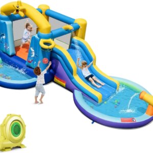 Inflatable Water Slide, Water Bounce House with Waterslide & Ball Pit Wet Dry for Kids Indoor Outdoor Party Family with 735w Blo