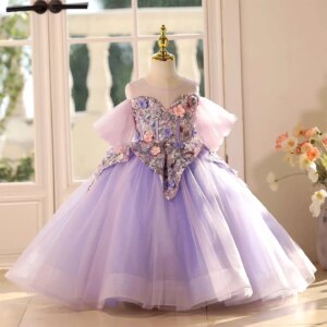 Dreamy Vow Purple Off Shoulder Floral Embroidery Tulle Flower Girl Dress Evening Holiday Celebration Ankle-length Ball Gown D125