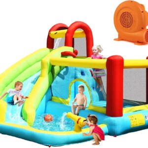 Inflatable Water Slide with 550W Blower, Water Park Waterslide Inflatables w/Jumping Bouncy Castle, Long Slide, Climbing Wall
