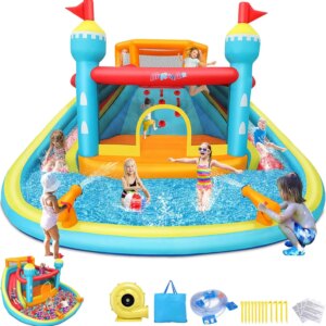 Inflatable Water Slide Bounce House, 14.1×13.8×7.5FT Double Lane Mega Waterpark w/Large Climbing Wall, 2 Water Cannon & Giant Sp