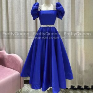 Women A Line Mother of the Bride Dresses Puffy Short Sleeves Customized Crystal Beaded Square Neck Ankle Length Prom Dress