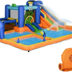 Kids Inflatable Water Slide 7-in-1 Bounce House Water Park Jumping Castle with Water Pool, Slide, Soccer Goal, Basketball Hoop,