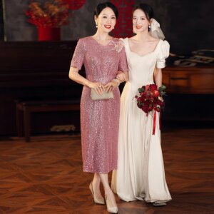 Shiny Sequini Pink Mother Of The Groom Dresses Elegant V-Neck Tea-Length Women Sheath Dresses For Wedding Party