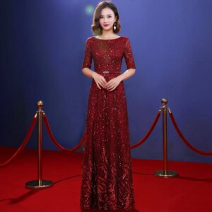 Sequin Mother Of The Bride Dresses With Half Sleeves Elegant Scoop Neck A-Line Floor-Length Long Wedding Guest Dresses