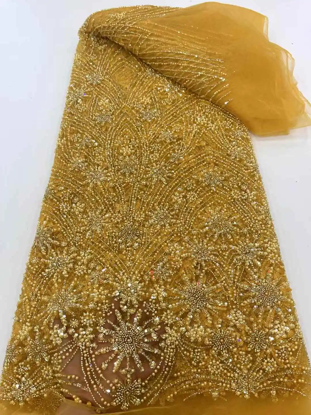 Newest Luxury Heavy Beaded Lace Fabric High Quality Net African Sequins Laces Fabrics Embroidery 2025 For Wedding Bridal Dresses