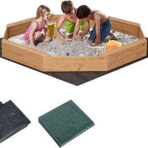 Octagonal Wooden Sandbox for Kids with Built-in Benches, Protective Cover, Drainage Liner, and Durable Fir Wood Construction – S