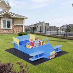 Wooden Sandbox, Outdoor Sand Box Bottom Liner, Adjustable Height & Rotatable Canopy for Ages 3-8, Spacious Kids Sand Pit for Bea