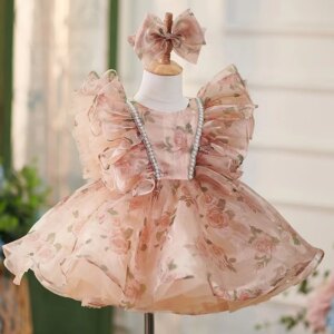 Dreamy Vow Stunning Champagne Girl Dress Tulle for Kids 1st Toddler Birthday Party Autumn Winter Knee Length Ball Gown J225