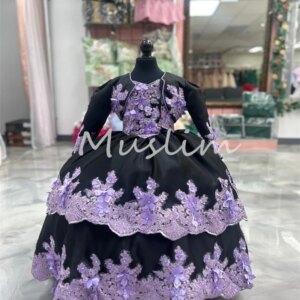 Folklorico Mexican Flower Girls Dress With Jacket 2025 Vestido Mini Quinceañera Dress Black And Lilac Mariachi PageantCustomized