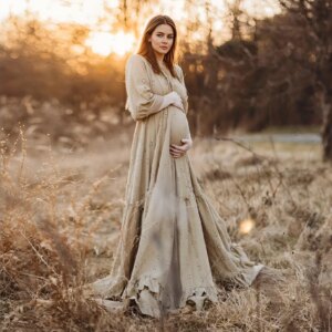 Cotton and Linen Maternity Photoshoot Dress Hollow Floral Gown with Elastic Waist Comfortable Photography and Maternity Dresses