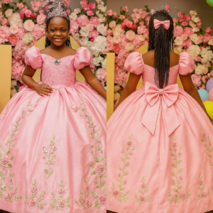 Vintage Pink Floral Girls Birthday Party Dresses Crystal Short Sleeve Flower Girl Dresses Kids Pageant Gowns Customized