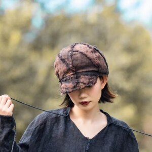 Autumn plant-dyed patchwork woolen octagon hat artsy vintage linen double casual lady’s