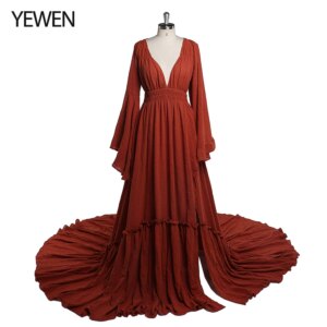 V Neck Maternity Photography Dress Long Sleeve Adjustable Waist Pregnancy Photo Shoot Gown Elegant Maternity Outfit YD211230