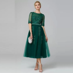 Elegant Green Tea Length Mother Of the Bride Dress Half Sleeves For Wedding Party Guest Dresses Formal Evening Gowns