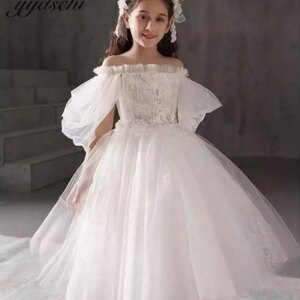 Customized White Flower Girl Dresses For Weddings Princess Tulle Appliques Off Shoulder First Communion Evening Party Dresses