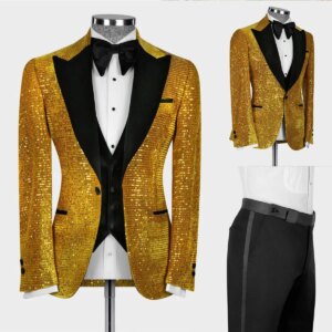 Customized Gold Sequined Mens Wedding Tuxedos Prom Party Groom Wear Birthday Photography Formal Outfits 2 Pieces