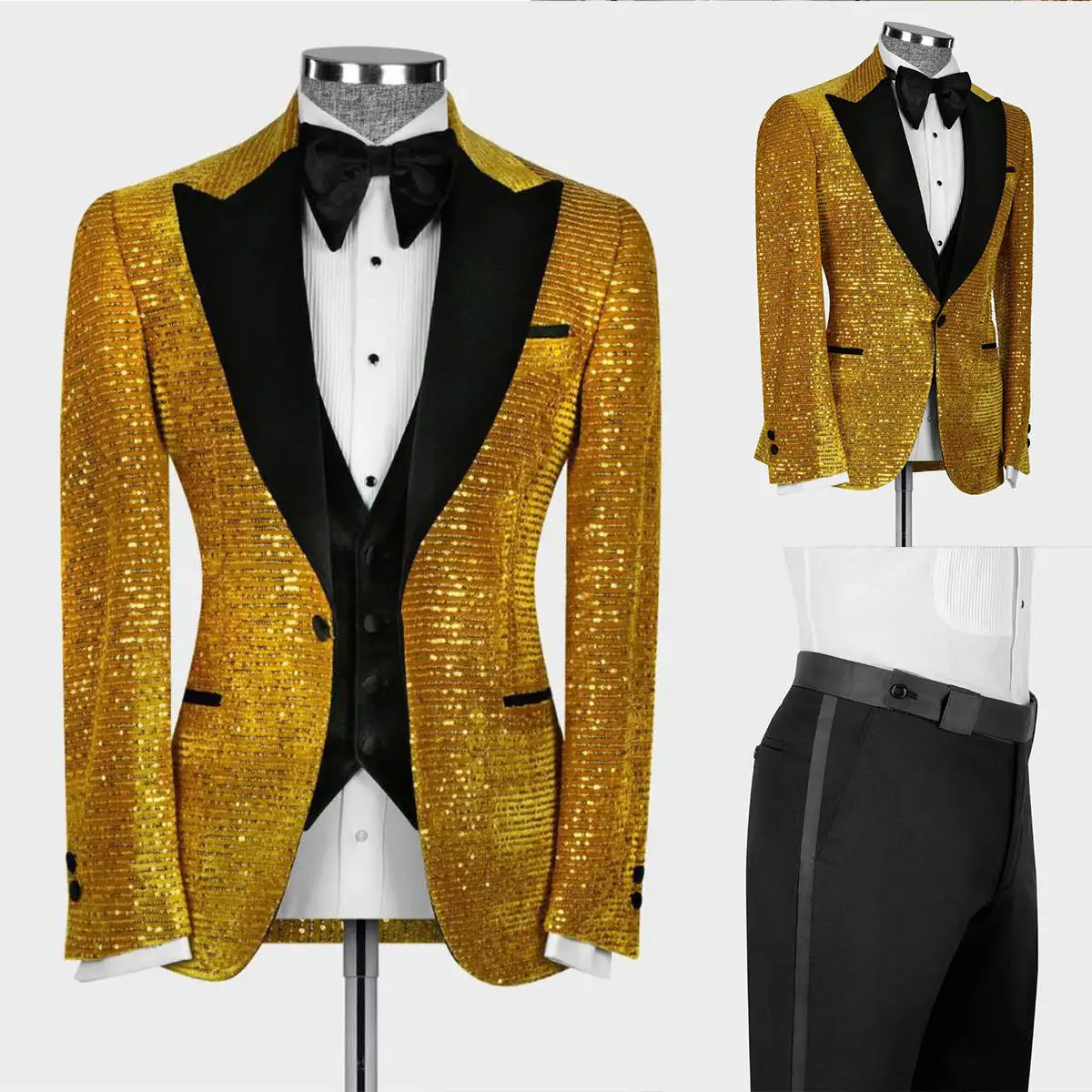 Customized Gold Sequined Mens Wedding Tuxedos Prom Party Groom Wear Birthday Photography Formal Outfits 2 Pieces