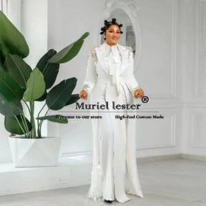 Luxury Women Pants Suit 2 Piece Set (Split Long Blazer+Trousers) Crystals Beading Wedding Tuxedo Formal Party Tailored Clothing