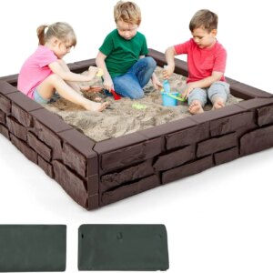 Sandbox with Cover, 47″x 47″ Sand Box w/Oxford Cover, Bottom Liner, Reinforced Structure, Weather Resistant Outdoor, Brown