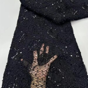 Luxury African Black Lace Fabric Embroidery African Handmade Beaded Lace Fabric High End Mesh Material For Wedding Dress A1146-1
