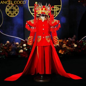 Red Embroidery Beads Model Catwalk Children’s Cloak Boys Dress Performance Prom Costume Formal Pageant Dresses Suit For Boys