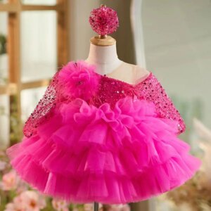 Jill Wish Sequins Fuchsia Flower Girl Dress Knee Length Arabic Princess Baby Wedding Birthday Party Gowns vestidos de novia J238