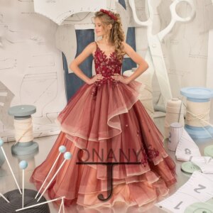 Customized Fancy Tiered Dress Flower Girl Dress Appliques Lace Tulle V Neck Birthday Pageant Communion Robe De Demoiselle