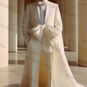 White Groom Men Pant Suit Set Wedding Tuxedos 2 Pieces Prom Coat With Long Train Bridegroom (Jacket+Trousers) Tailored Made