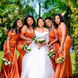 Shiny Orange African Bridesmaid Dresses Mermaid Floor Length Sequined Appliques Satin Maids Of Honor Wedding Party Gowns
