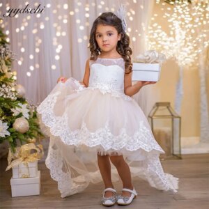 Champagne High Low Sleeveless Puffy Flower Girl Dresses For Wedding 2025 Princess Lace Appliques First Communion Gowns With Bow