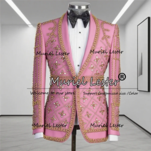 Male Fashion Beaded Stones Suit For Wedding Customized 2 Pieces Pink Single Breasted Jacket Pants Groom Formal Banquet Tuxedos